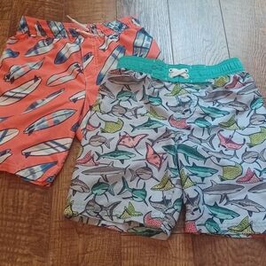 Surf Boards And Sharks Set Of 2 Swim Trunks Shorts Boy Sz 6/7